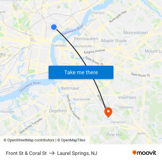 Front St & Coral St to Laurel Springs, NJ map