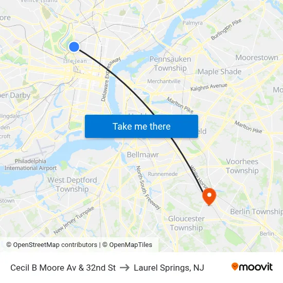 Cecil B Moore Av & 32nd St to Laurel Springs, NJ map