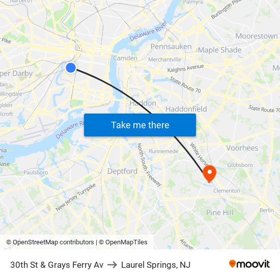 30th St & Grays Ferry Av to Laurel Springs, NJ map