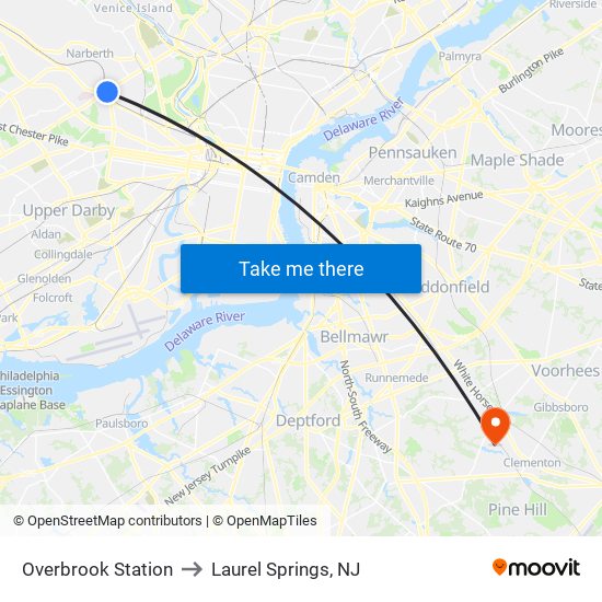 Overbrook Station to Laurel Springs, NJ map