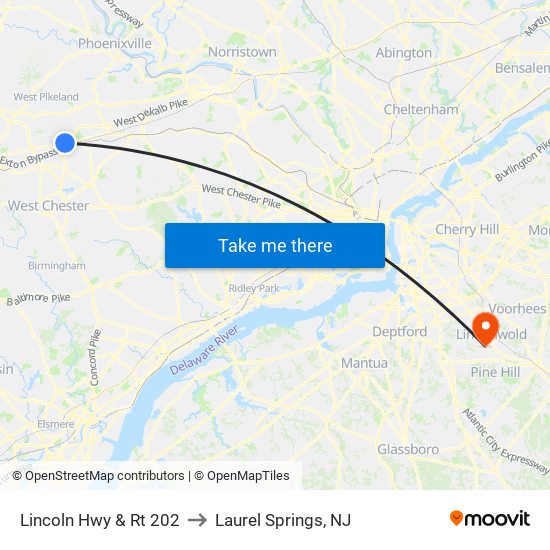 Lincoln Hwy & Rt 202 to Laurel Springs, NJ map