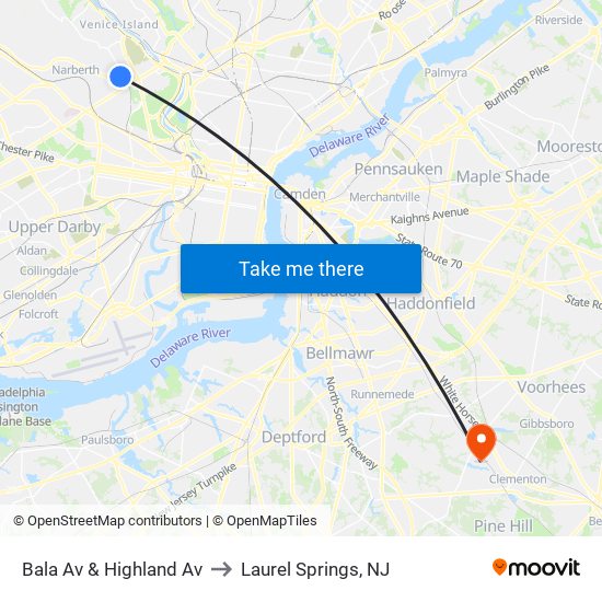 Bala Av & Highland Av to Laurel Springs, NJ map