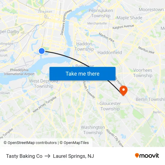 Tasty Baking Co to Laurel Springs, NJ map