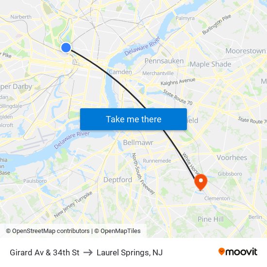 Girard Av & 34th St to Laurel Springs, NJ map