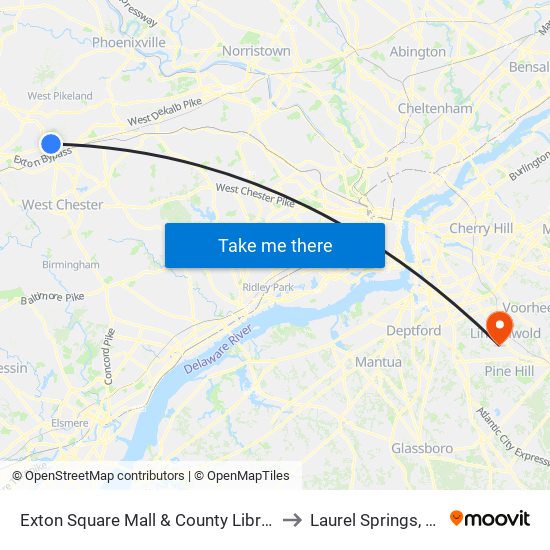 Exton Square Mall & County Library to Laurel Springs, NJ map