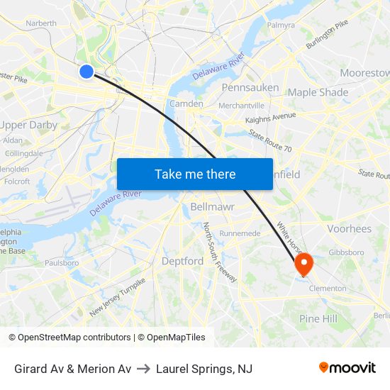 Girard Av & Merion Av to Laurel Springs, NJ map