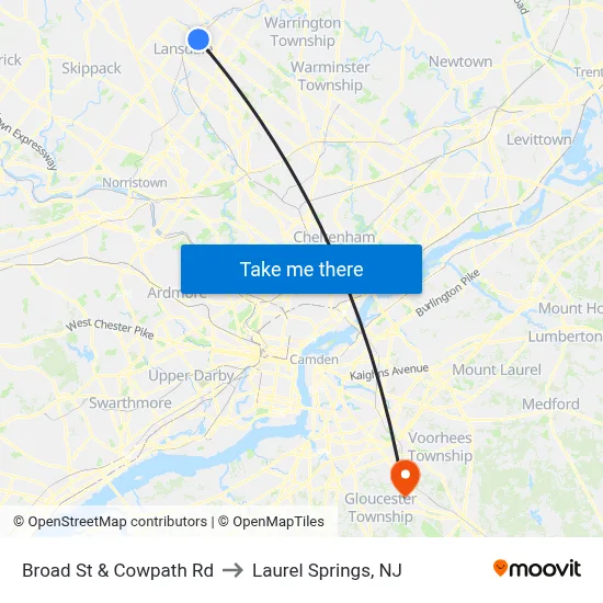 Broad St & Cowpath Rd to Laurel Springs, NJ map