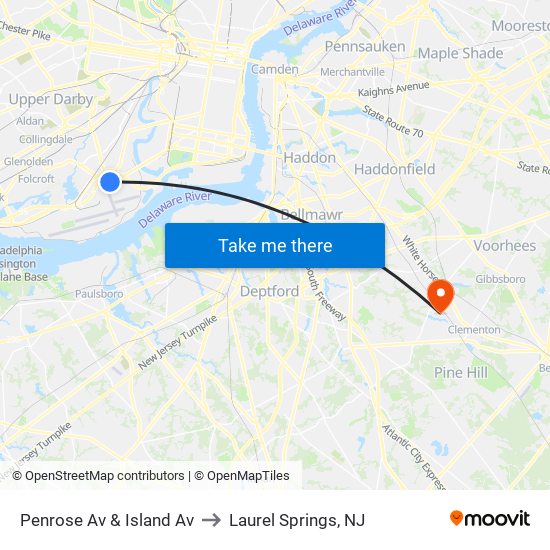 Penrose Av & Island Av to Laurel Springs, NJ map