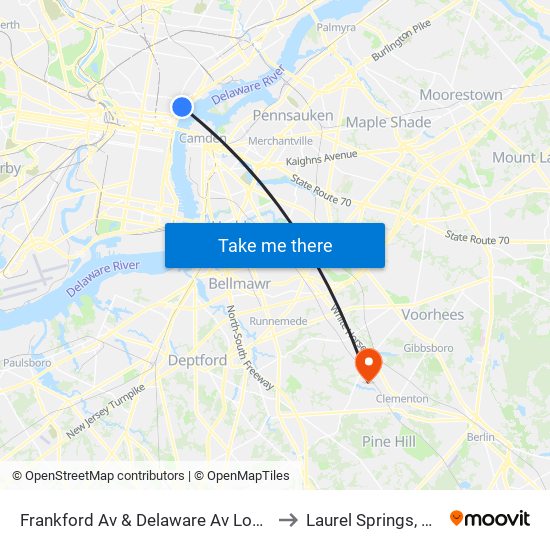 Frankford Av & Delaware Av Loop to Laurel Springs, NJ map