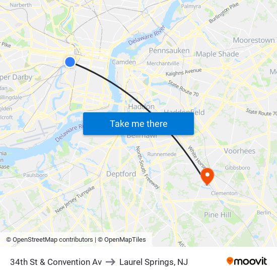 34th St & Convention Av to Laurel Springs, NJ map