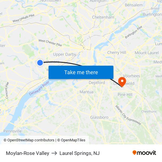 Moylan-Rose Valley to Laurel Springs, NJ map
