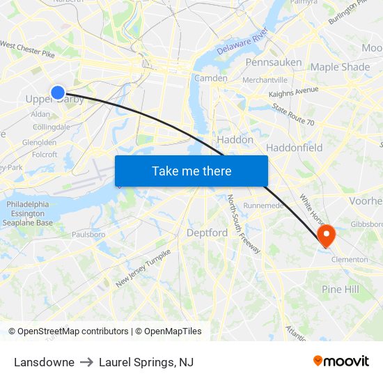 Lansdowne to Laurel Springs, NJ map