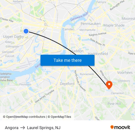 Angora to Laurel Springs, NJ map