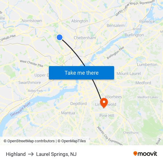 Highland to Laurel Springs, NJ map