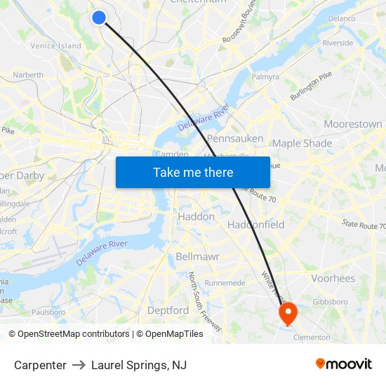Carpenter to Laurel Springs, NJ map