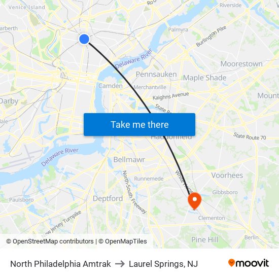 North Philadelphia Amtrak to Laurel Springs, NJ map