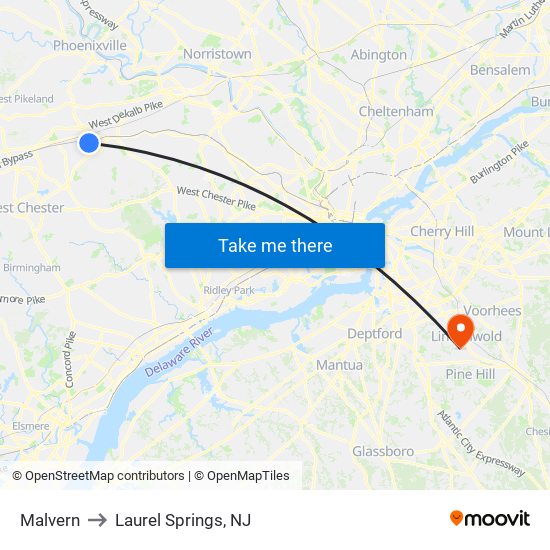 Malvern to Laurel Springs, NJ map