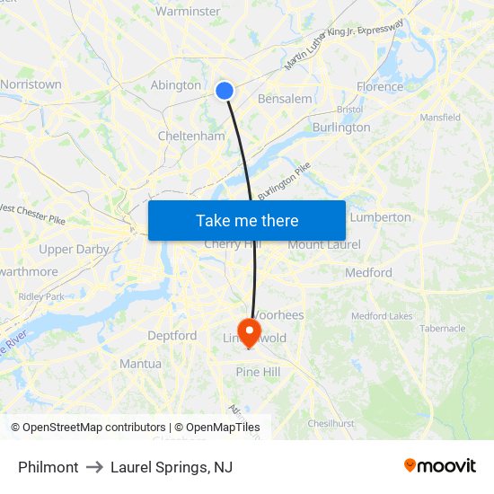 Philmont to Laurel Springs, NJ map