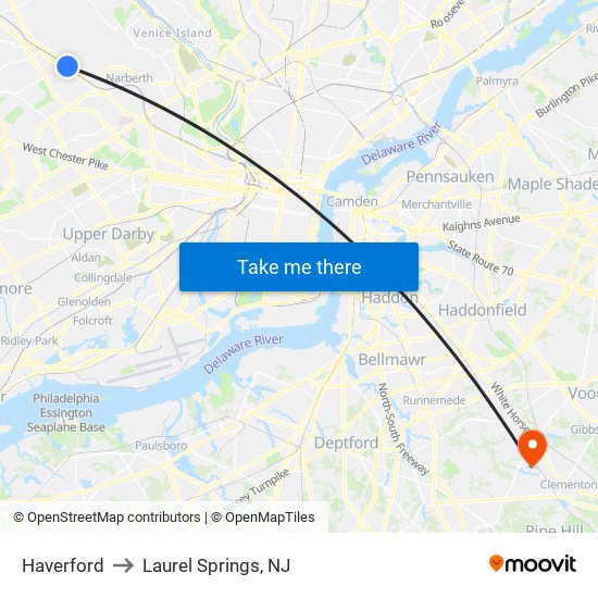 Haverford to Laurel Springs, NJ map