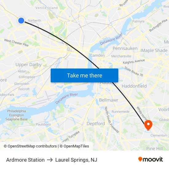 Ardmore Station to Laurel Springs, NJ map