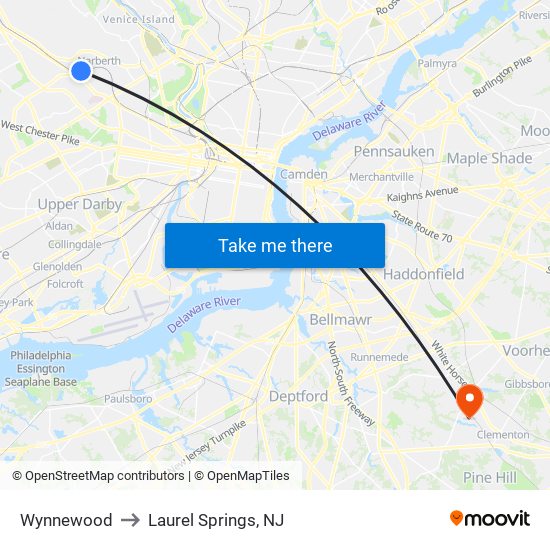 Wynnewood to Laurel Springs, NJ map