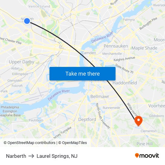 Narberth to Laurel Springs, NJ map