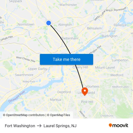 Fort Washington to Laurel Springs, NJ map