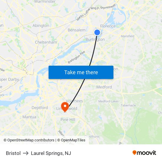 Bristol to Laurel Springs, NJ map