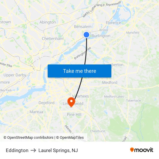 Eddington to Laurel Springs, NJ map