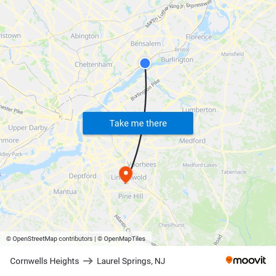 Cornwells Heights to Laurel Springs, NJ map