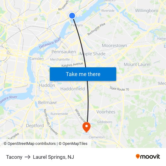 Tacony to Laurel Springs, NJ map