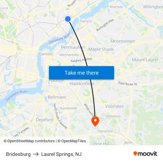 Bridesburg to Laurel Springs, NJ map