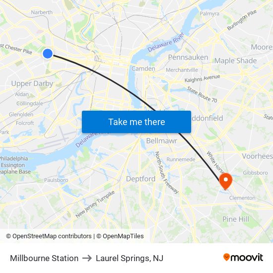 Millbourne Station to Laurel Springs, NJ map