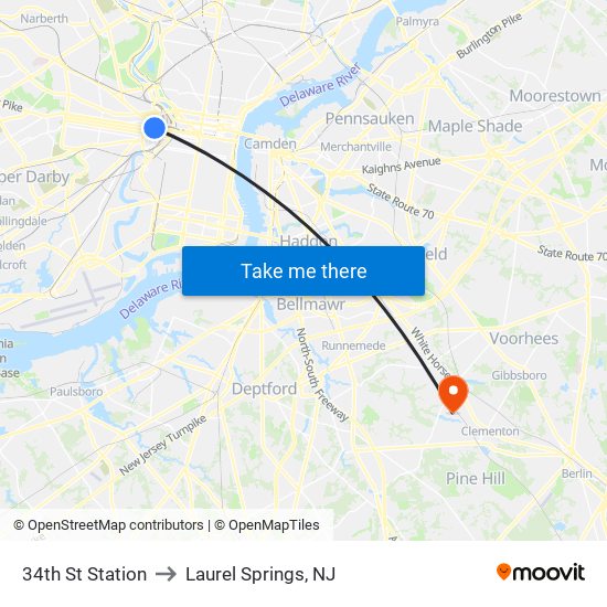 34th St Station to Laurel Springs, NJ map