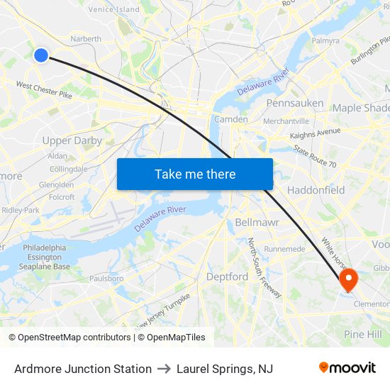 Ardmore Junction Station to Laurel Springs, NJ map