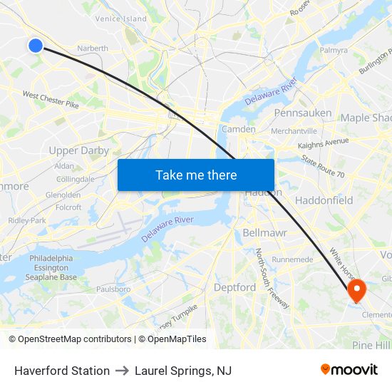 Haverford Station to Laurel Springs, NJ map