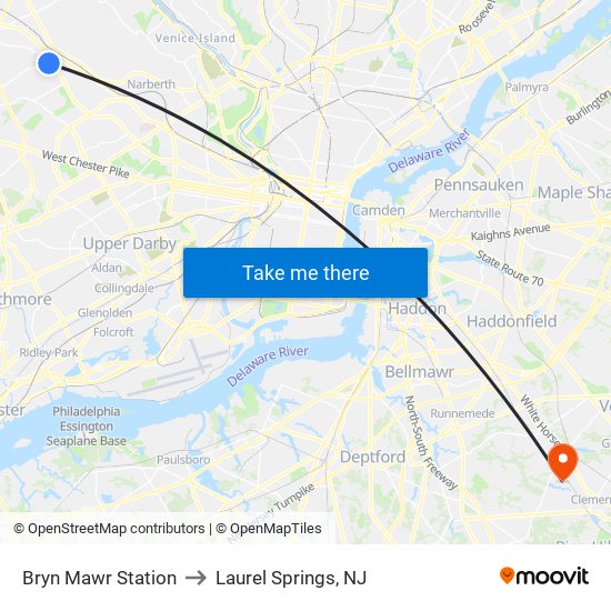 Bryn Mawr Station to Laurel Springs, NJ map