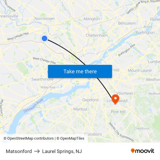 Matsonford to Laurel Springs, NJ map