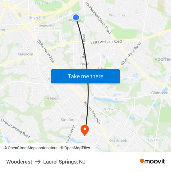 Woodcrest to Laurel Springs, NJ map