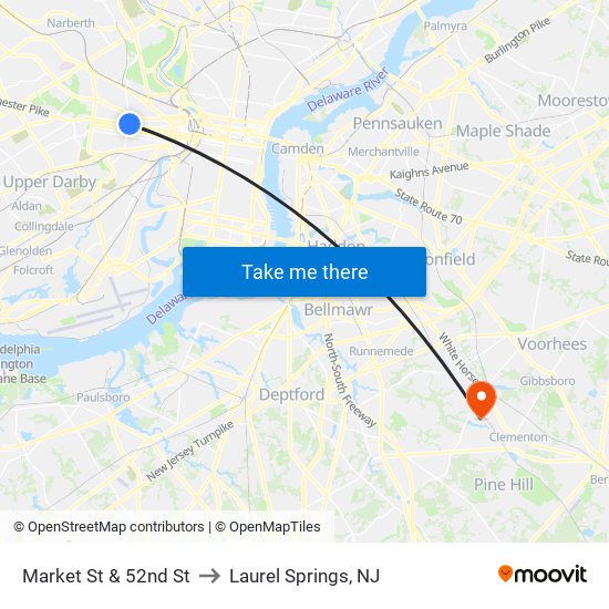 Market St & 52nd St to Laurel Springs, NJ map