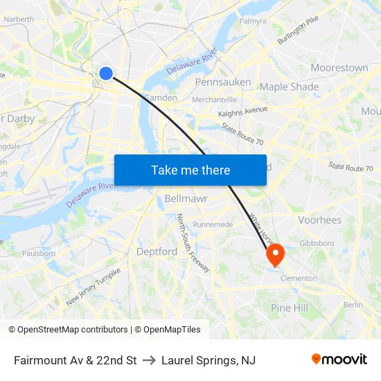Fairmount Av & 22nd St to Laurel Springs, NJ map