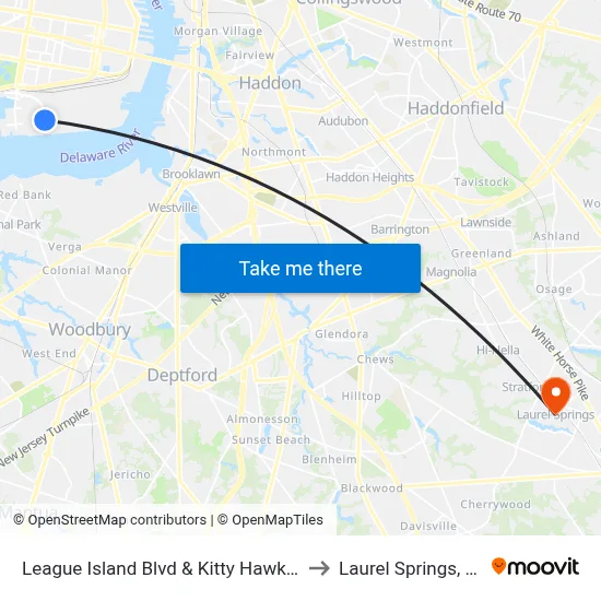 League Island Blvd & Kitty Hawk Av to Laurel Springs, NJ map