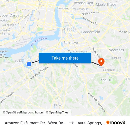 Amazon Fulfillment Ctr - West Deptford to Laurel Springs, NJ map