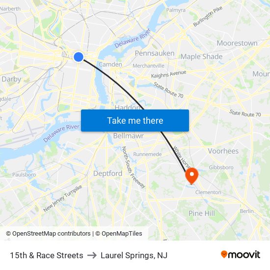 15th & Race Streets to Laurel Springs, NJ map