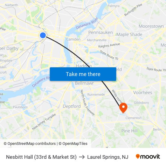 Nesbitt Hall (33rd & Market St) to Laurel Springs, NJ map