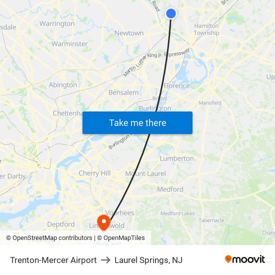Trenton-Mercer Airport to Laurel Springs, NJ map