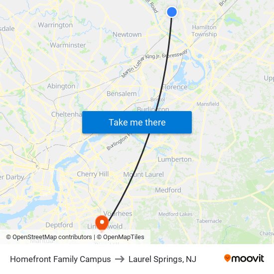 Homefront Family Campus to Laurel Springs, NJ map