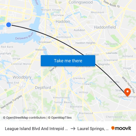 League Island Blvd And Intrepid Ave to Laurel Springs, NJ map