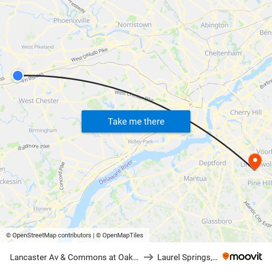 Lancaster Av & Commons at Oaklands to Laurel Springs, NJ map