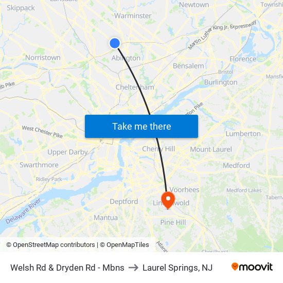 Welsh Rd & Dryden Rd - Mbns to Laurel Springs, NJ map
